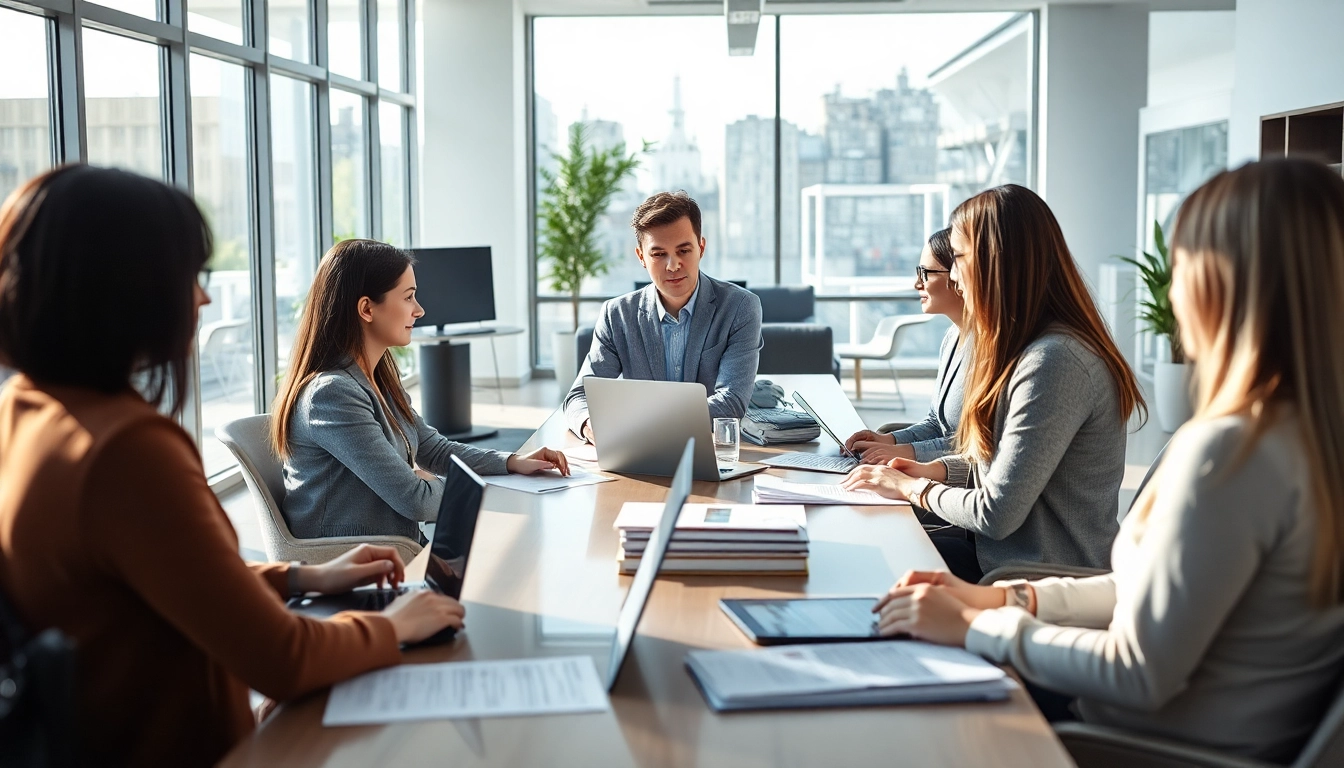 Engaging scene showcasing an expert led warranty company representative assisting clients in a modern office.