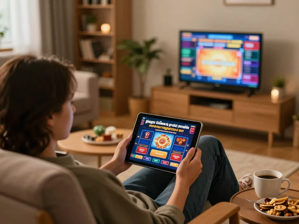 Playing giochi casino gratis senza registrazione on a tablet in a cozy home setting, showcasing casual gambling.
