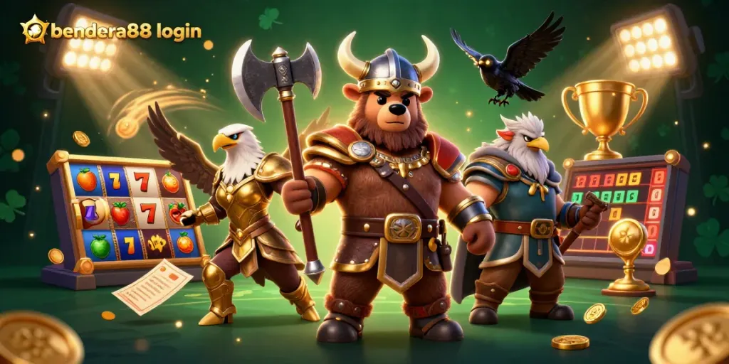 Login bendera88 untuk slot yang menarik dan beragam, berisi beruang Viking dan simbol buah.