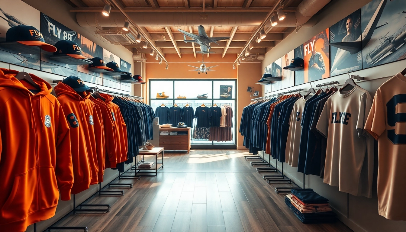 FLY88 aviation-inspired clothing store featuring stylish apparel and vibrant decor.
