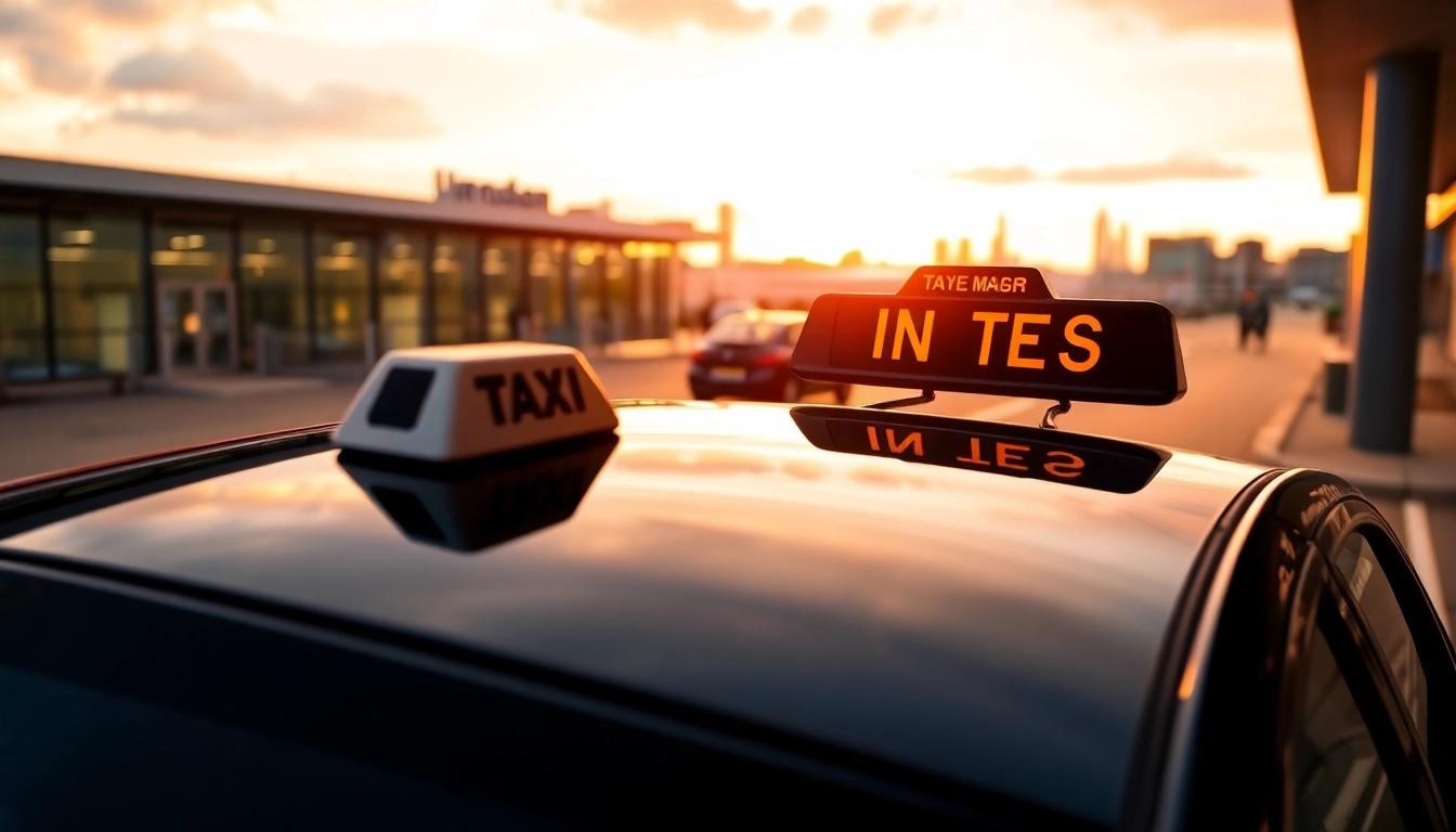 Taxi Nottingham to Birmingham Airport showcasing a sleek black taxi with airport backdrop.