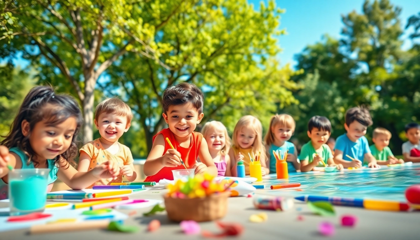 Happy children painting at a summer childrens camp, enjoying outdoor activities in nature.