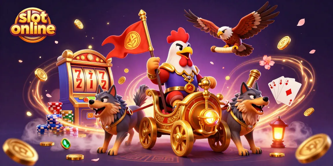 Permainan slot online yang menarik dengan simbol keberuntungan dan karakter kartun bertema kasino.