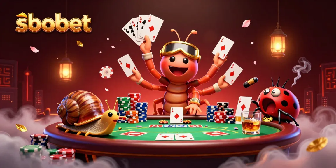 sbobet dealer fanning playing cards while a high-roller snail pushes chips in a vibrant casino scene