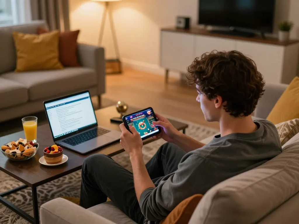 Engaging in mobile gaming on rr88bet app, showcasing a cozy home atmosphere with snacks and strategies