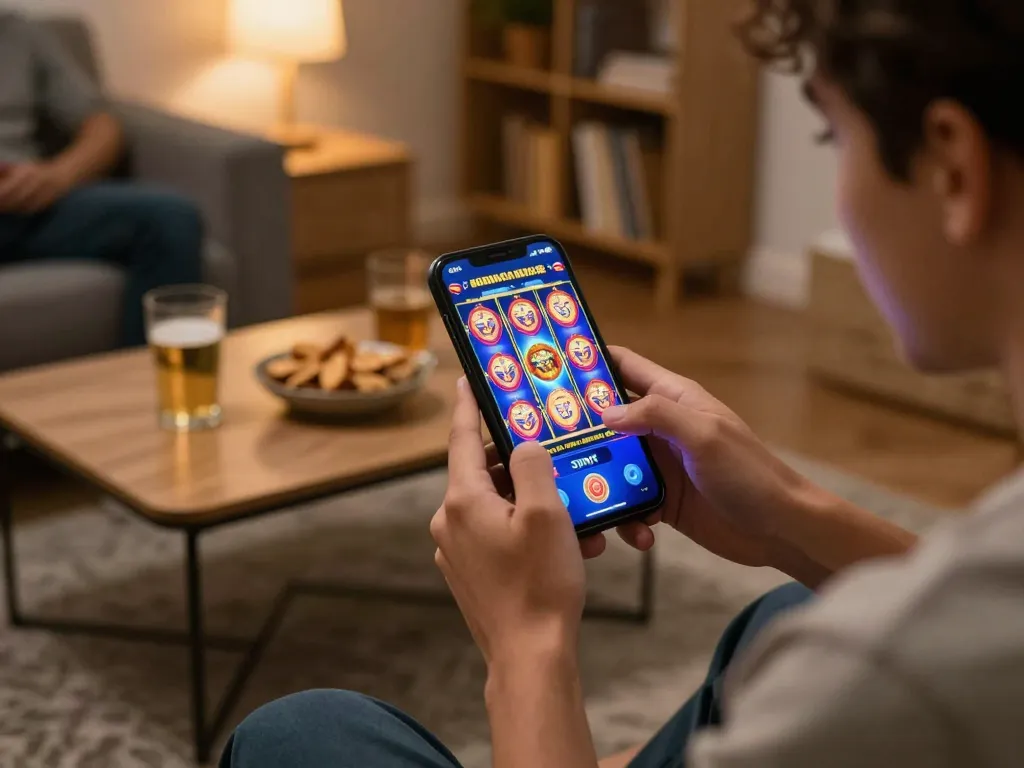 Suasana menarik seorang pemain menggunakan smartphone untuk permainan slot gacor dalam setting rumah yang nyaman