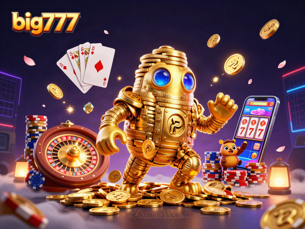 Experience big777 with a golden golem surrounded by thrilling casino elements.