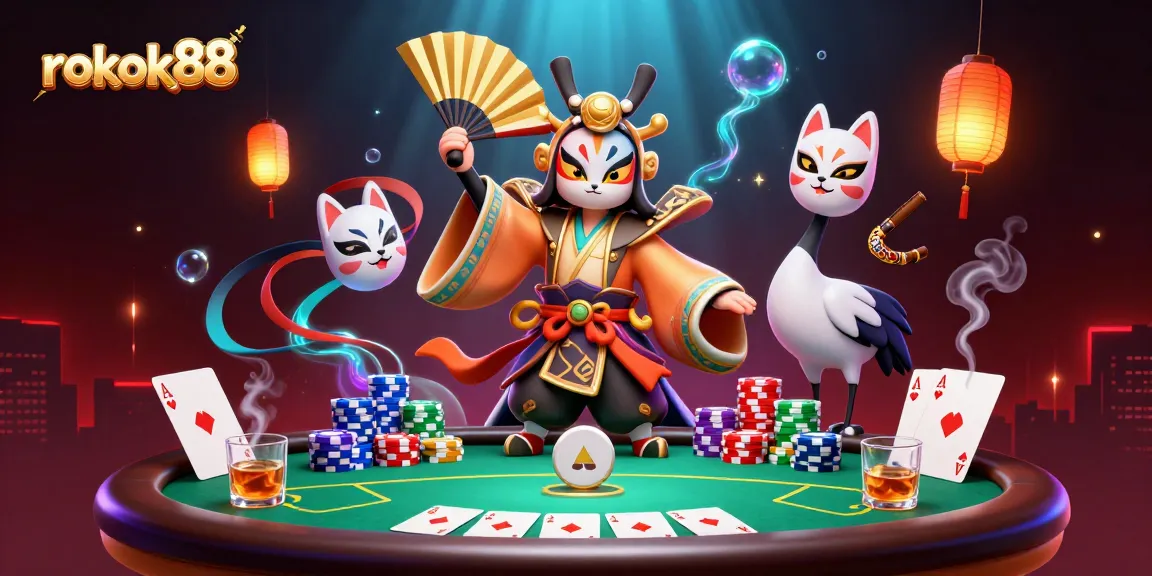 Engage in winning strategies at rokok88 with a vibrant casino scene featuring poker action and dramatic characters.