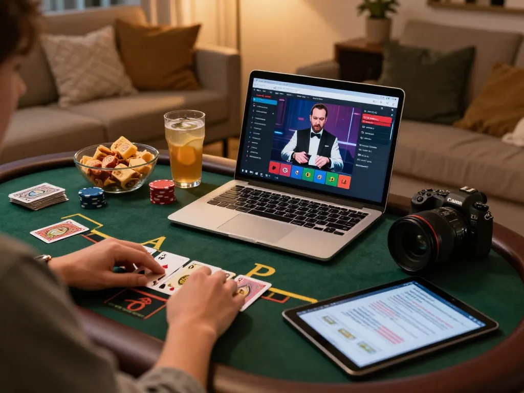 Playing live dealer blackjack on 388bet with engaging streaming interface at home.
