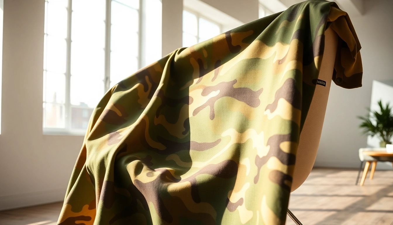 Bekijk army print katoen op een stijlvolle stoel in een lichte ruimte.