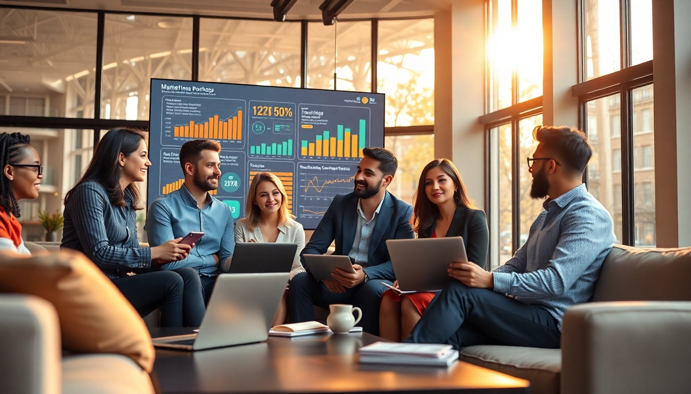 Team at a digital marketing company collaborating on innovative strategies.