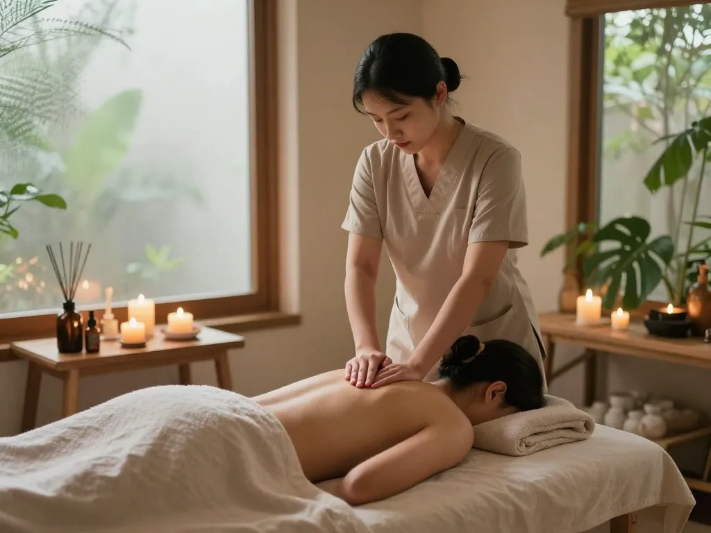 Massage therapist at https://www.makangs.com/ providing a Swedish massage in a tranquil spa setting, candles and aromatherapy oils enhance relaxation.