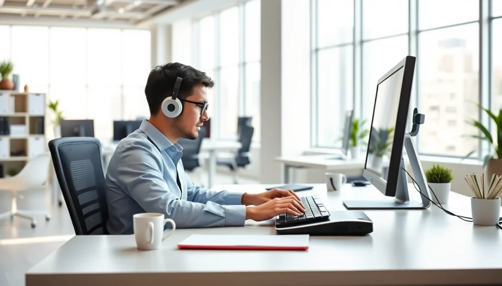 Enhance your skills at a modern typing center featuring an organized workspace and bright atmosphere.