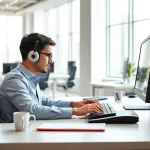 Enhance your skills at a modern typing center featuring an organized workspace and bright atmosphere.