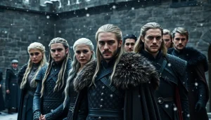 Captivating portrayal of the Game of Thrones cast showcasing their iconic characters in a snowy Winterfell.