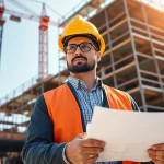 New York Construction Manager directing a construction project with blueprints at a busy construction site.