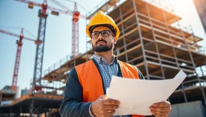 New York Construction Manager directing a construction project with blueprints at a busy construction site.