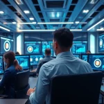 Visually engaging scene of bitcoin cloud mining with digital interfaces and a diverse team of professionals.