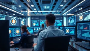 Visually engaging scene of bitcoin cloud mining with digital interfaces and a diverse team of professionals.