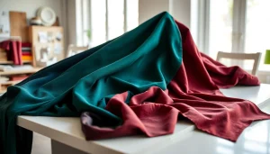 Punta di Roma stoffen in verschillende rijke kleuren tentoon gesteld op een moderne tafel.