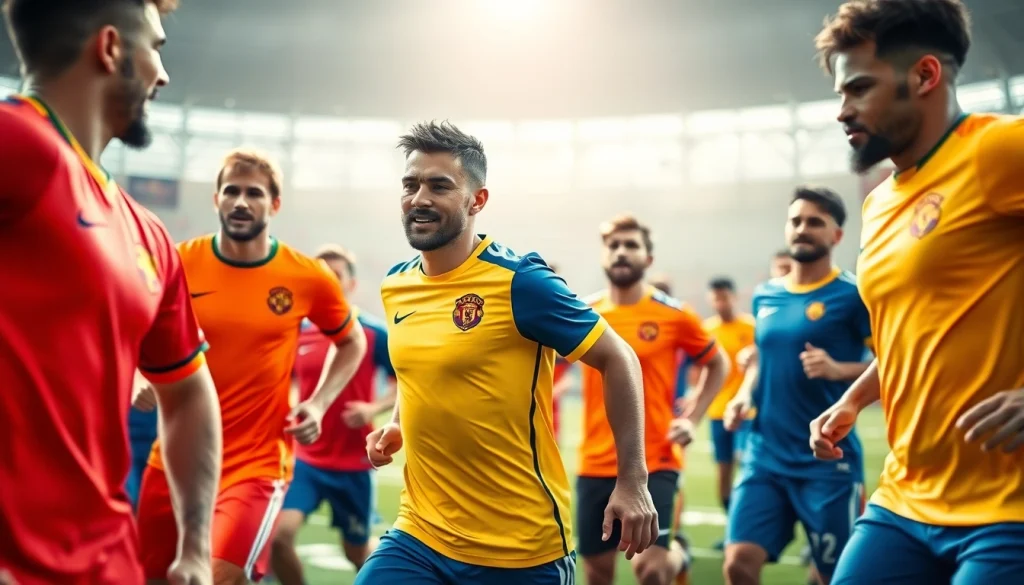 Showcase of team football kits in a lively training environment, displaying energy and teamwork.