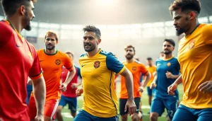 Showcase of team football kits in a lively training environment, displaying energy and teamwork.