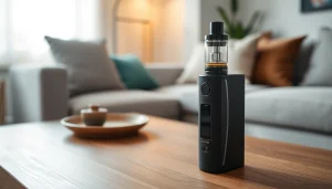 Elf bar elfa auf einem eleganten Tisch in einem gemütlichen Wohnzimmer präsentieren.