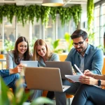 Engaged professionals discussing small business jobs in a vibrant co-working space.