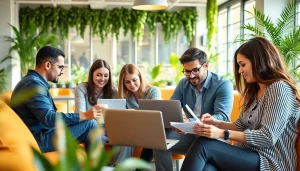 Engaged professionals discussing small business jobs in a vibrant co-working space.