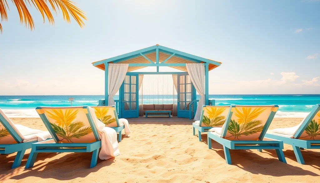 Relaxing coastal cabana with beach towels and chairs set against a clear ocean backdrop.