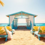 Relaxing coastal cabana with beach towels and chairs set against a clear ocean backdrop.