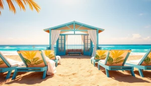Relaxing coastal cabana with beach towels and chairs set against a clear ocean backdrop.