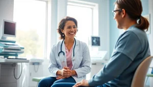 Health consultation between a provider and patient in a calming, modern medical environment.