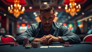 Gambler at a poker table with chips and cards representing https://mm88bc.com/ and the thrill of high-stakes games.