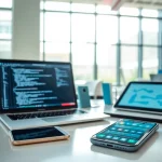 Showcase technology workspace with devices highlighting innovation in technology.