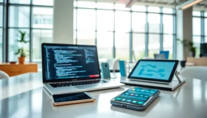 Showcase technology workspace with devices highlighting innovation in technology.