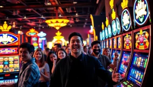 Permainan batman138 slot yang mengasyikkan dengan pemain antusias dan mesin slot bersinar.