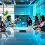 Collaborative managed IT provider team in a modern office environment, demonstrating teamwork and technology.