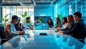 Collaborative managed IT provider team in a modern office environment, demonstrating teamwork and technology.