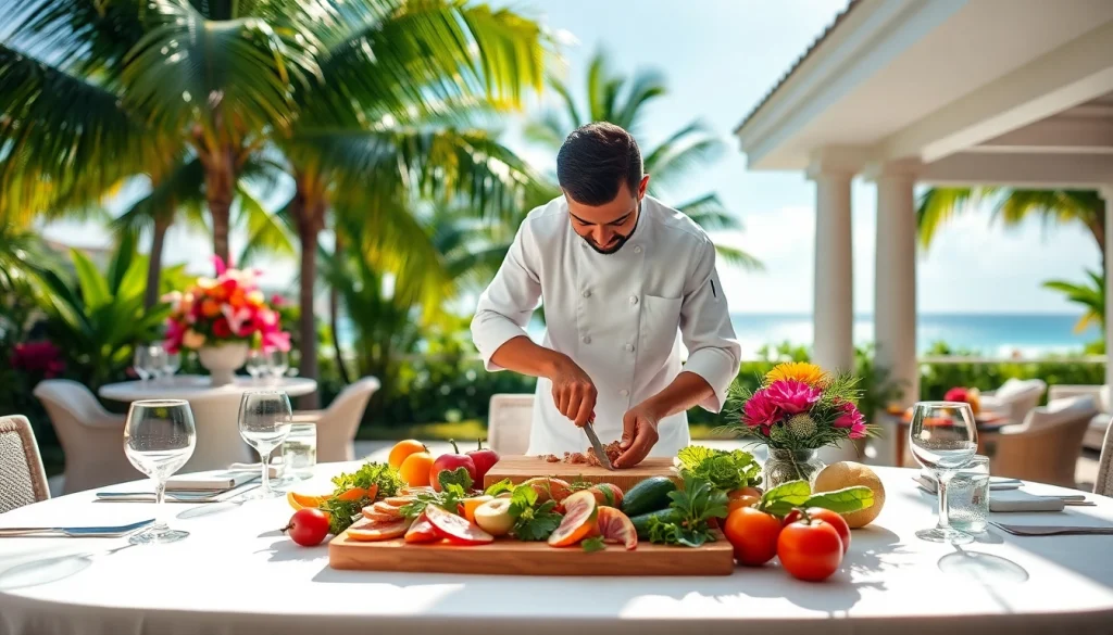 Private chef St Martin showcasing a gourmet meal preparation in a luxurious villa.