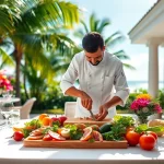 Private chef St Martin showcasing a gourmet meal preparation in a luxurious villa.