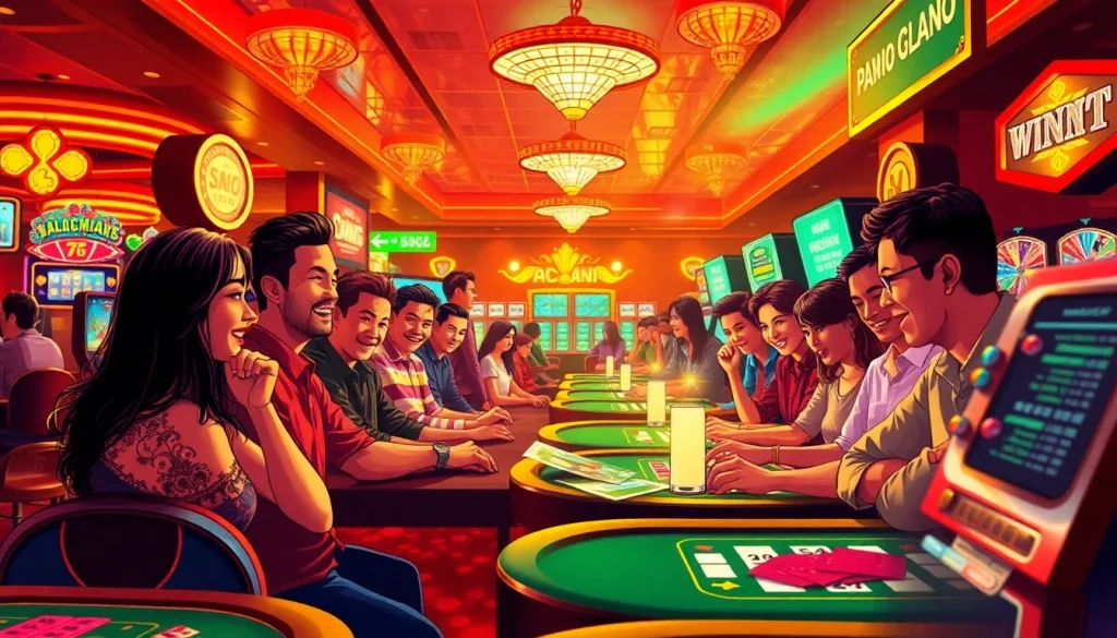 Menampilkan pemain bandar togel yang bersemangat di lingkungan kasino yang ramai.