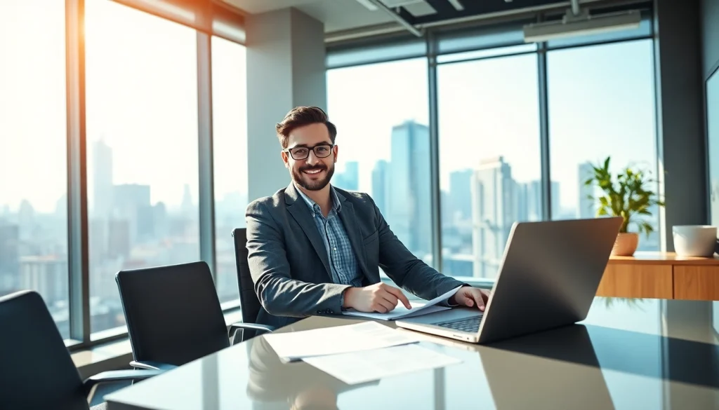 Real Estate agent in a modern office engaging with clients and showcasing properties.