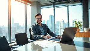 Real Estate agent in a modern office engaging with clients and showcasing properties.