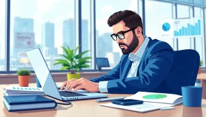 Engaging expert demonstrating the whatsapp business api in a vibrant office environment.