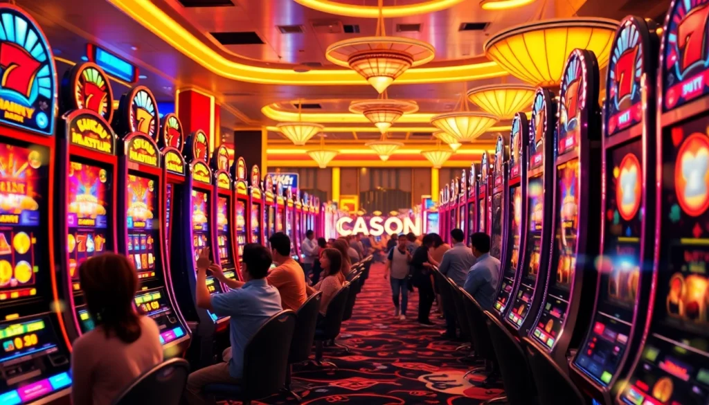 Permainan situs slot gacor dengan mesin slot berkilau dan pemain yang gembira.