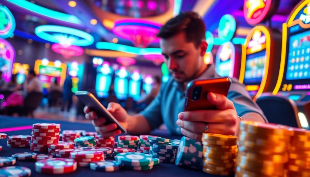 Menggambarkan pengalaman bermain bandar togel resmi slot dengan suasana kasino yang ceria.