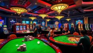 Exciting gambling scene featuring casino tables and KJC AC 3 elements with roulette wheels and slot machines