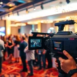 Capturing event videography highlights with a skilled videographer in a lively corporate setting.