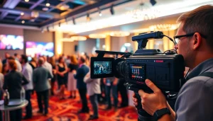Capturing event videography highlights with a skilled videographer in a lively corporate setting.